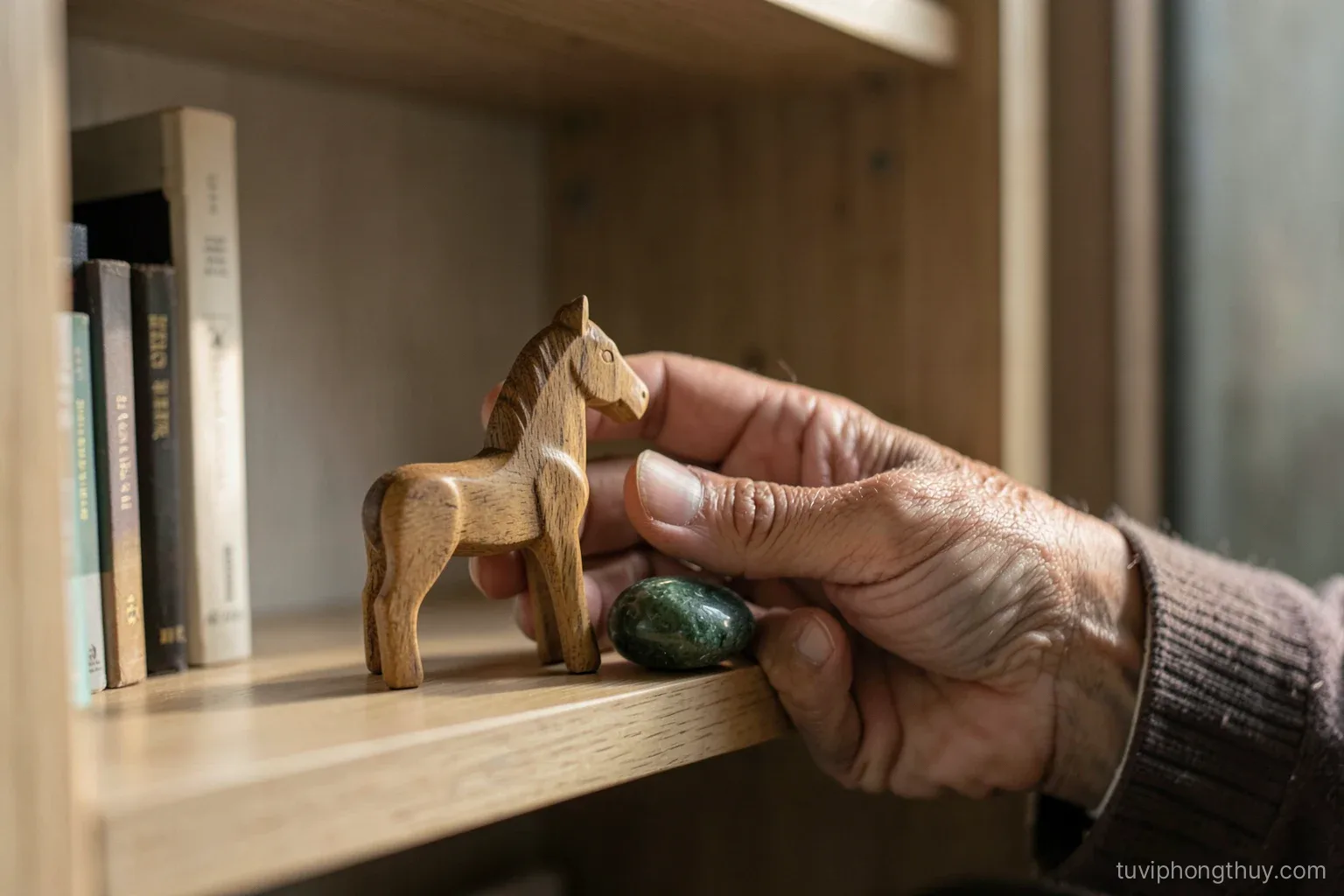 Close-up of a Vietnamese grandfather hands placing a small wooden horse figurine and a smooth green stone on a clean bookshelf, soft morning side light, muted earthy tones