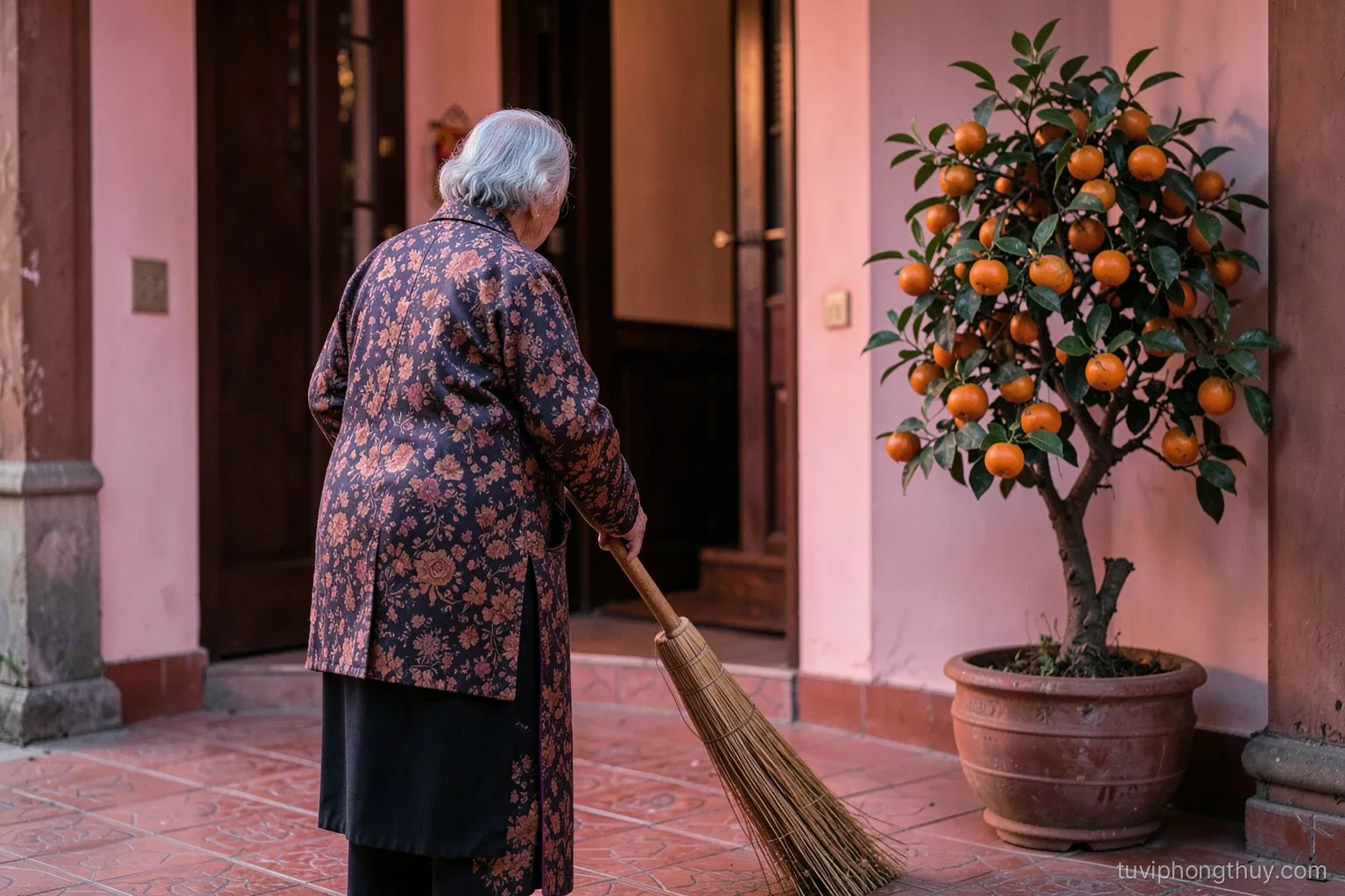 A Vietnamese grandmother seen from behind sweeping a tiled front porch at dawn on the first morning of Lunar New Year, potted kumquat tree beside the door, soft pink light