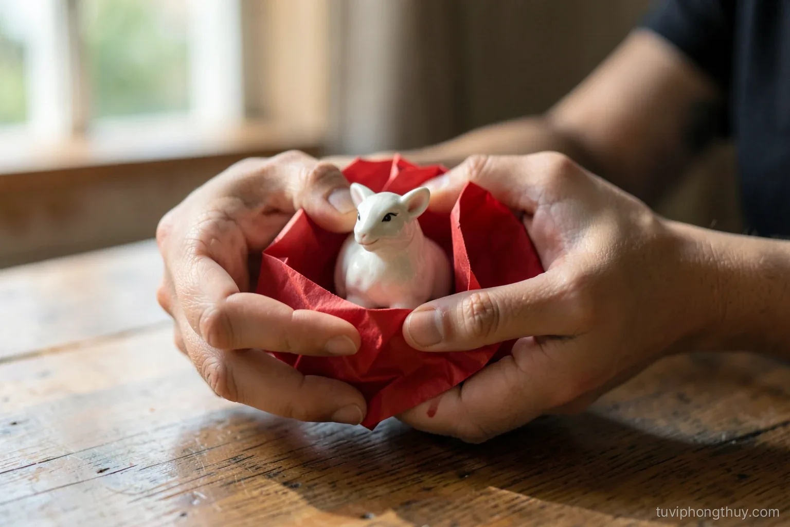 Two pairs of Vietnamese hands wrapping a small ceramic goat figurine in plain red paper on a wooden table, afternoon window light, shallow depth of field
