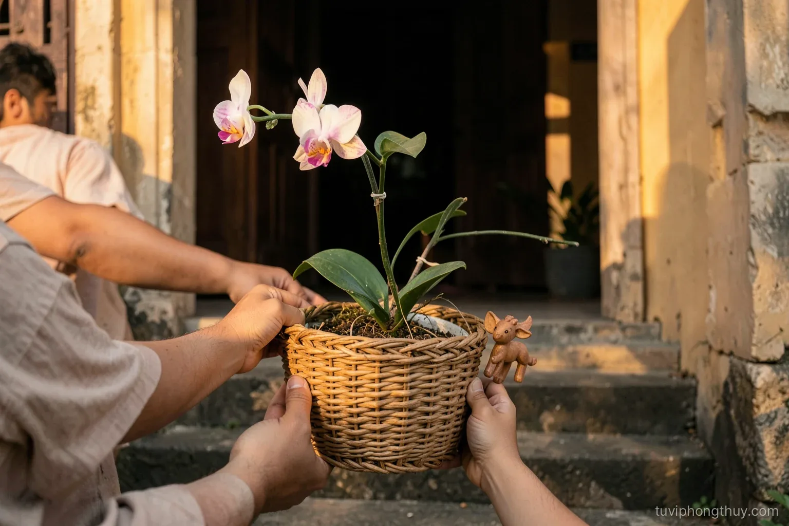 Hands of a young Vietnamese couple carrying a woven basket with a potted orchid and a small wooden goat figurine up the steps of an old house, warm late afternoon light