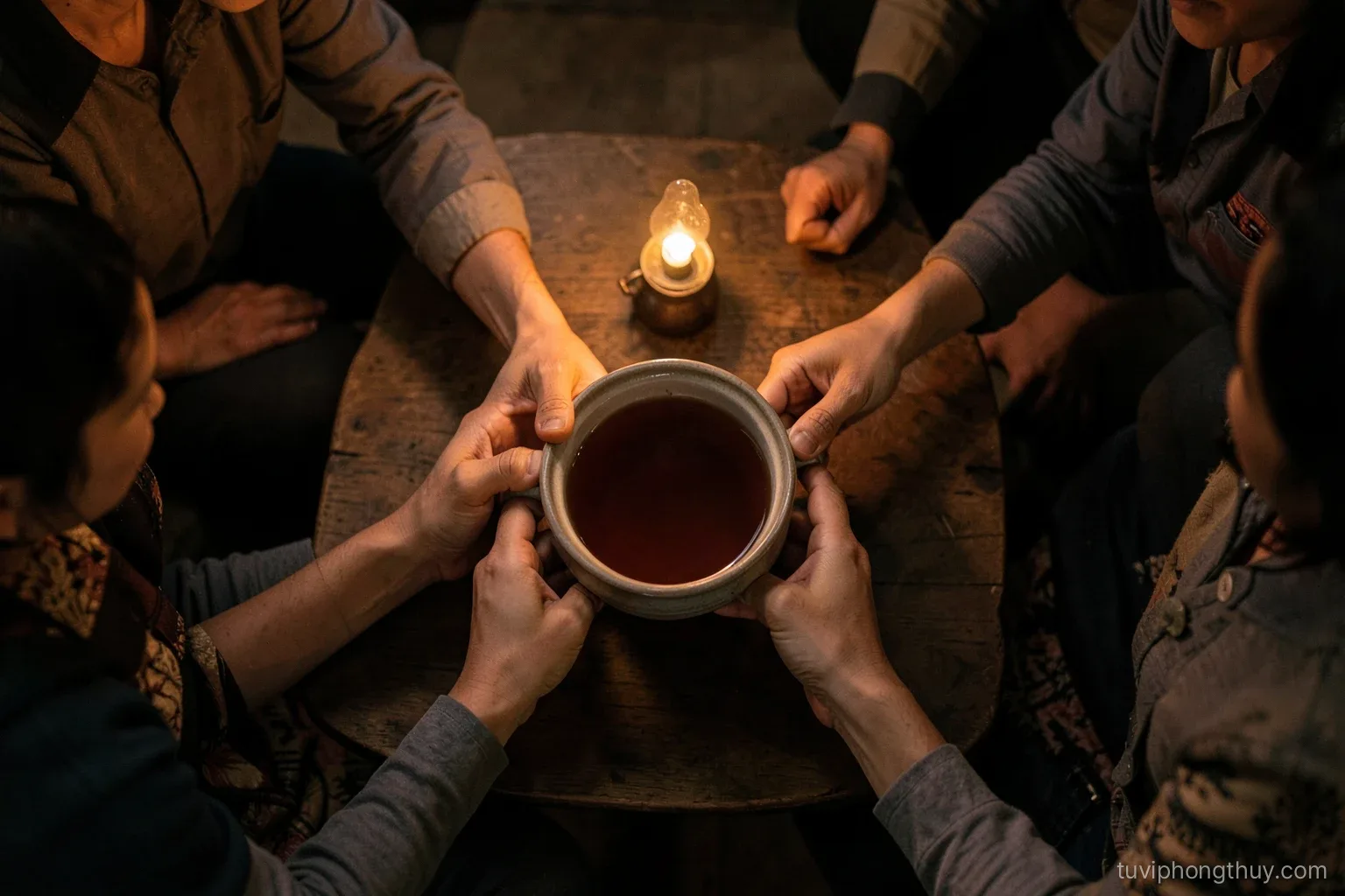 Top-down view of a Vietnamese family hands sharing a pot of tea around a low wooden table on a quiet evening, small oil lamp glowing, warm amber tones