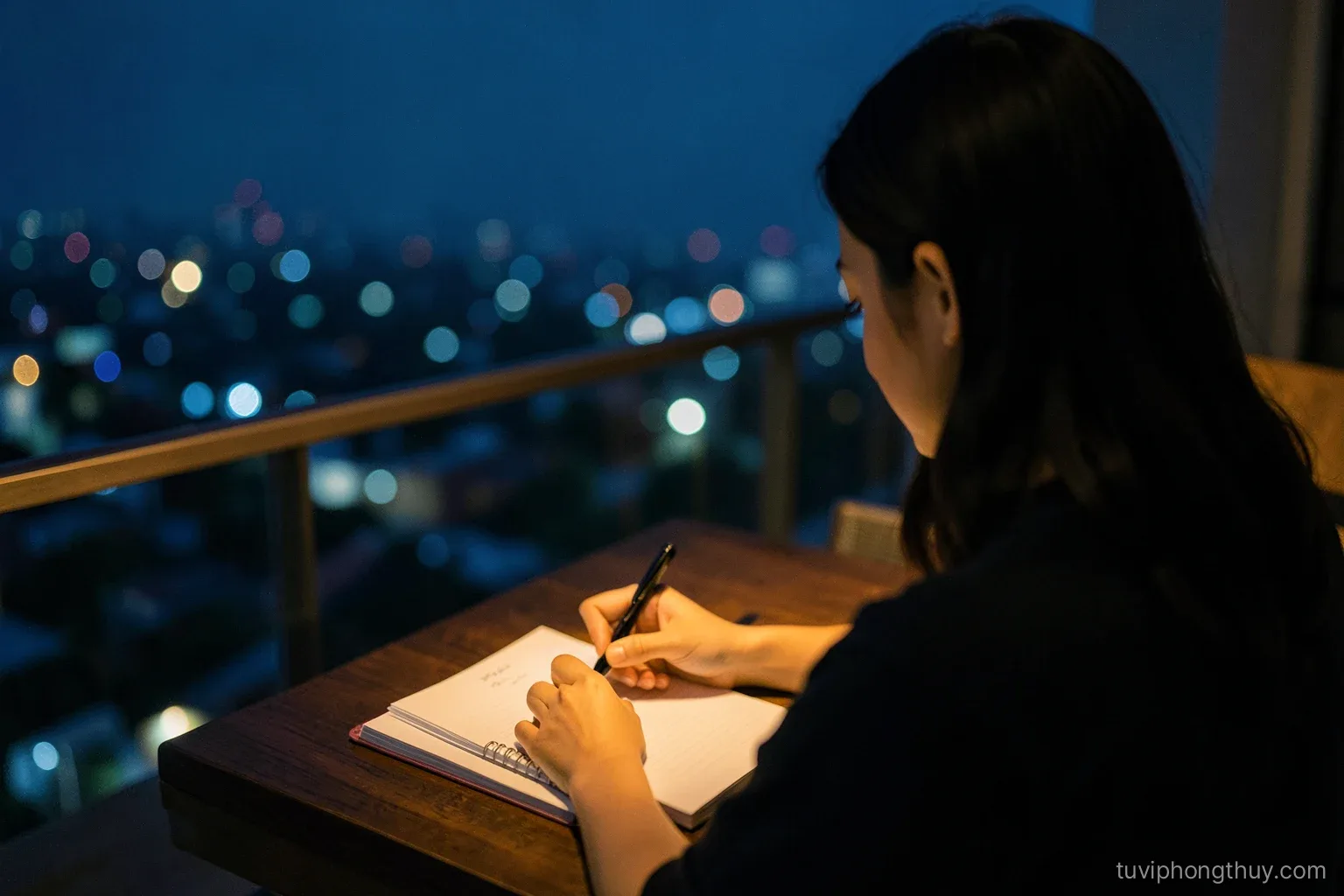Over-the-shoulder view of a young Vietnamese woman writing in a blank notebook at a balcony table at night, city lights blurred below, cool blue and warm lamp light