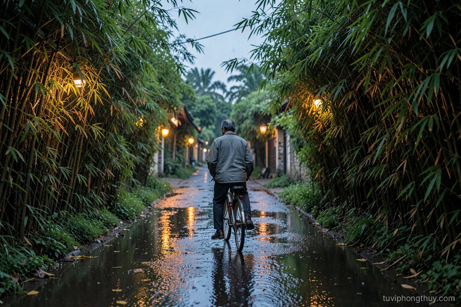 Wide shot of a quiet Vietnamese village lane after rain at dusk, a middle-aged man seen from behind pushing a bicycle past bamboo hedges, puddles reflecting lantern light